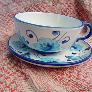 handpainted Blue Floral Majolica Italian Tea Cup & Saucer Demitasse